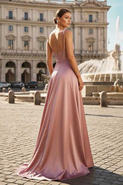 Cowl Neck Spaghetti Strap Satin Prom Dress Backless Tie Strap Sweep Train Formal Evening Wedding Guest Gown