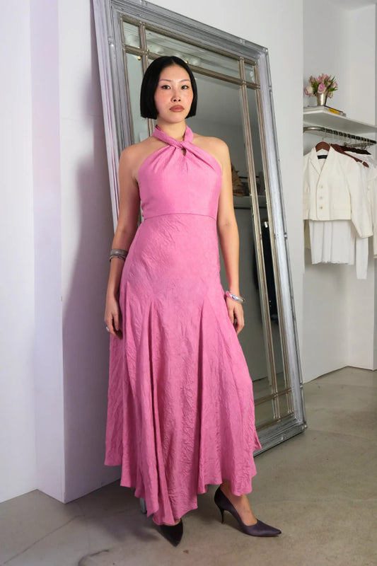 Crinkled Satin A-Line Halter-Neck Sleeveless Asymmetric-Hem Formal Evening Dress