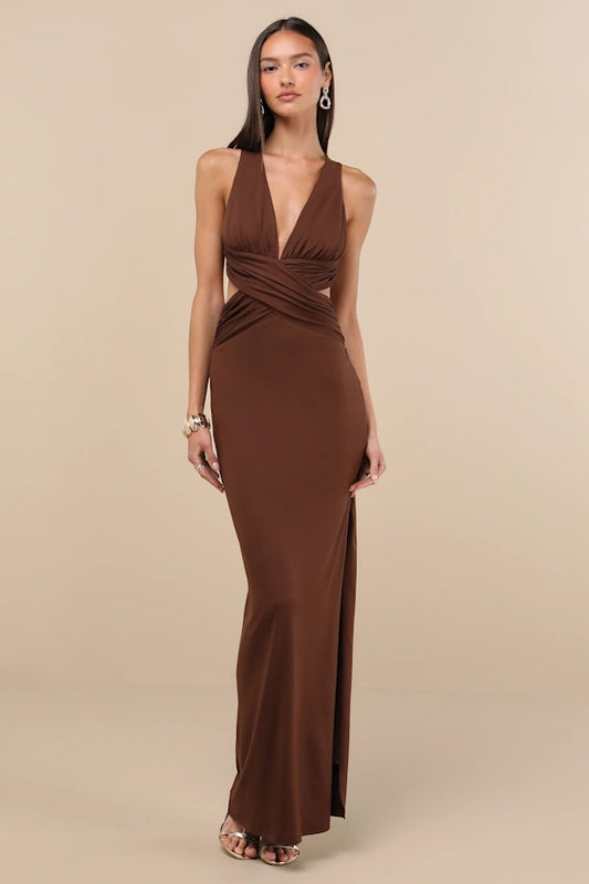 Crisscross Halter Evening Dresses with Deep V-Neck, Cutout Waist and Open Back Formal Gown