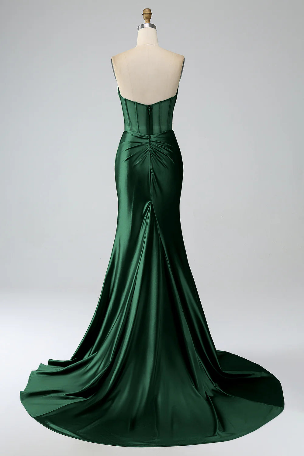 Deep green slit fishtail strapless tight fitting corset with long prom dress