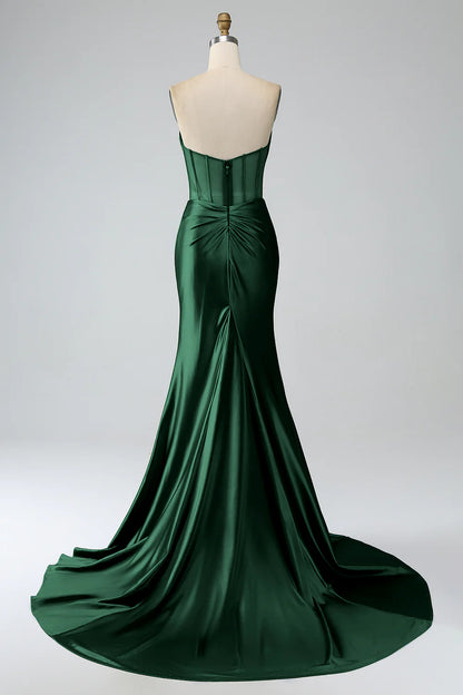 Deep green slit fishtail strapless tight fitting corset with long prom dress