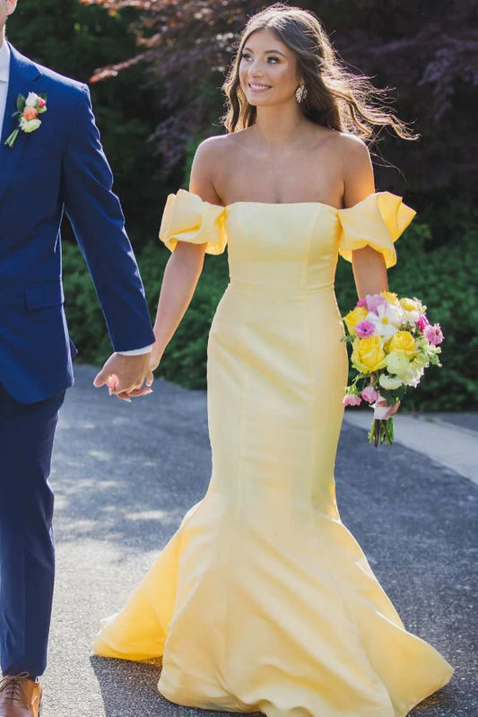 Daffodil Off Shoulder Puff Sleeve Evening Dresses Mermaid Lace Up Back Train Formal Gown