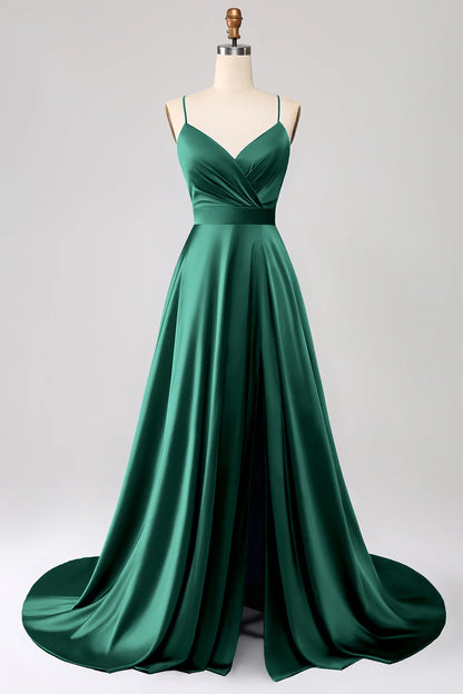 Royal blue A-line thin shoulder strap slit satin prom dress