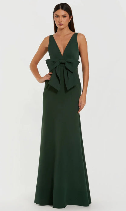 Dark Green Crepe Mermaid V-Neck Bow Waist Deep V-Back Mother of the Bride Dress
