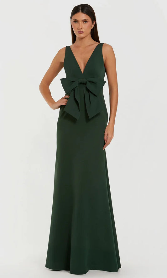 Dark Green Crepe Mermaid V-Neck Bow Waist Deep V-Back Mother of the Bride Dress