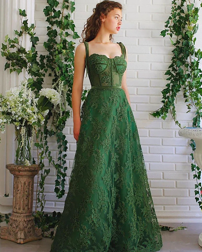 Dark Green Lace A-Line Sweetheart Neck Spaghetti Straps Open Back Floor Length Prom Dresses