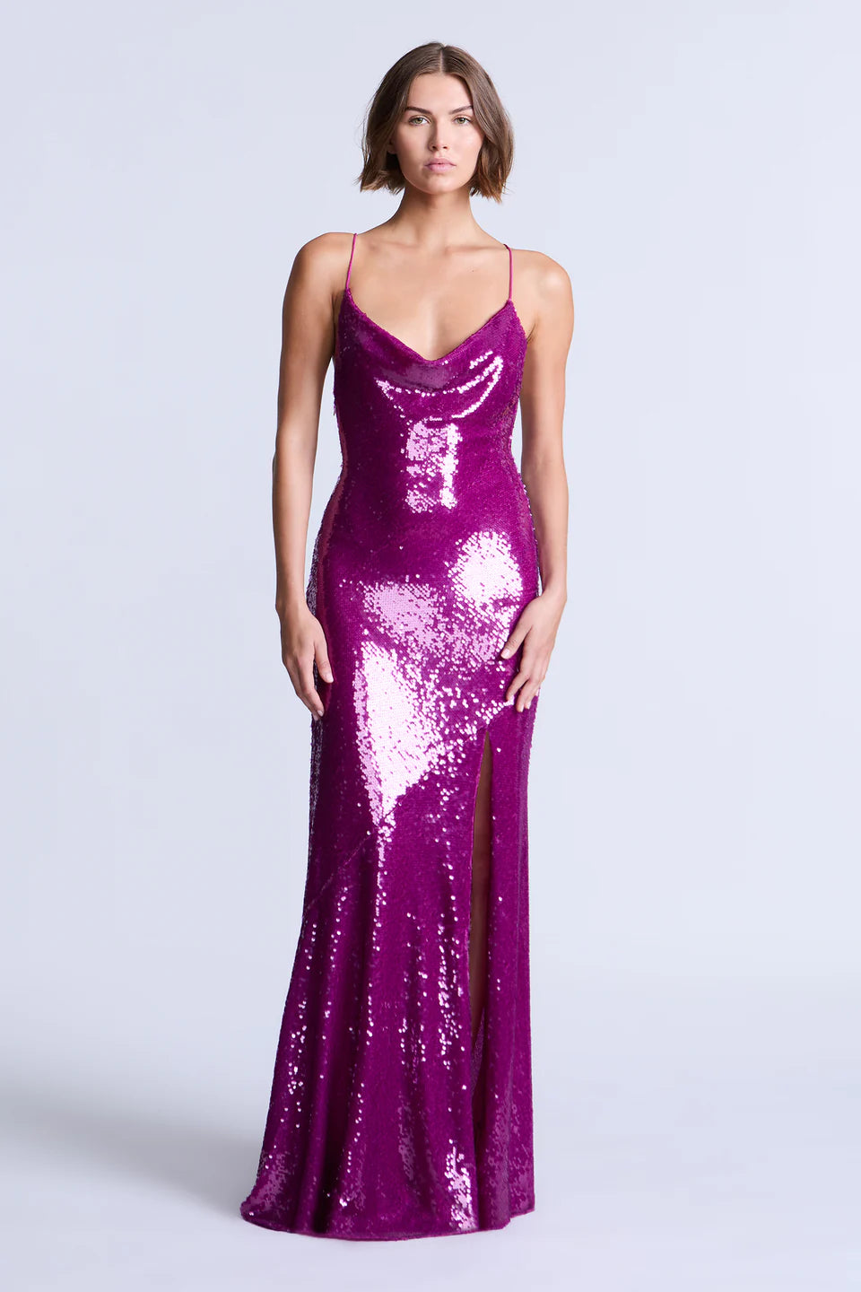 Dazzling Magenta Sequin Fitted Spaghetti Strap Cowl Neck Floor-Length Evening Dresses
