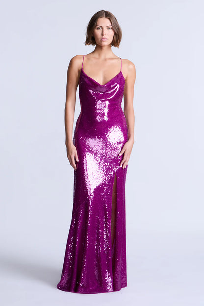 Dazzling Magenta Sequin Fitted Spaghetti Strap Cowl Neck Floor-Length Evening Dresses