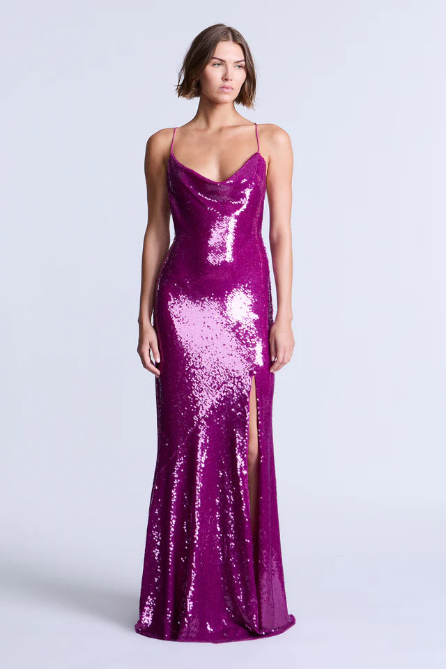 Dazzling Magenta Sequin Fitted Spaghetti Strap Cowl Neck Floor-Length Evening Dresses