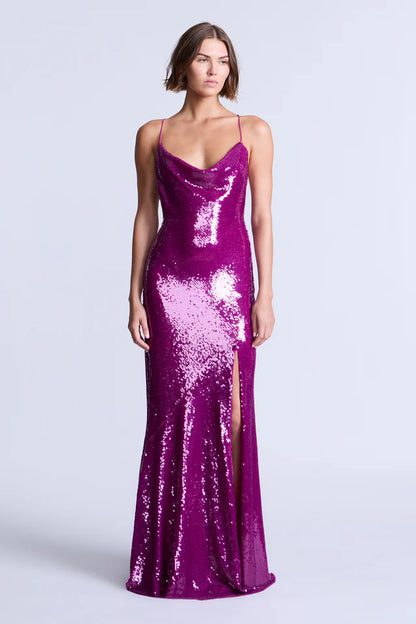 Dazzling Magenta Sequin Fitted Spaghetti Strap Cowl Neck Floor-Length Evening Dresses