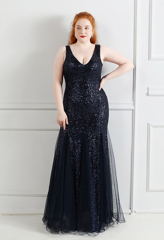 Dazzling Mermaid V Neck Sleeveless Open Back Tulle Hem Floor Length Evening Dress