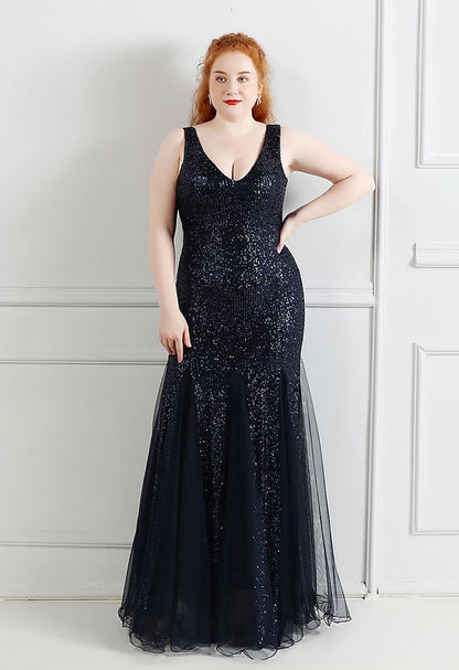 Dazzling Mermaid V Neck Sleeveless Open Back Tulle Hem Floor Length Evening Dress