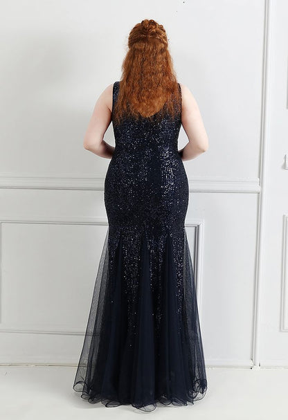 Dazzling Mermaid V Neck Sleeveless Open Back Tulle Hem Floor Length Evening Dress