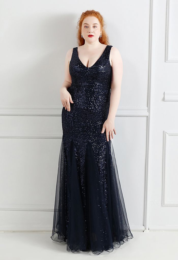 Dazzling Mermaid V Neck Sleeveless Open Back Tulle Hem Floor Length Evening Dress