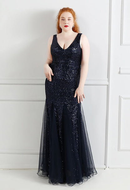 Dazzling Mermaid V Neck Sleeveless Open Back Tulle Hem Floor Length Evening Dress