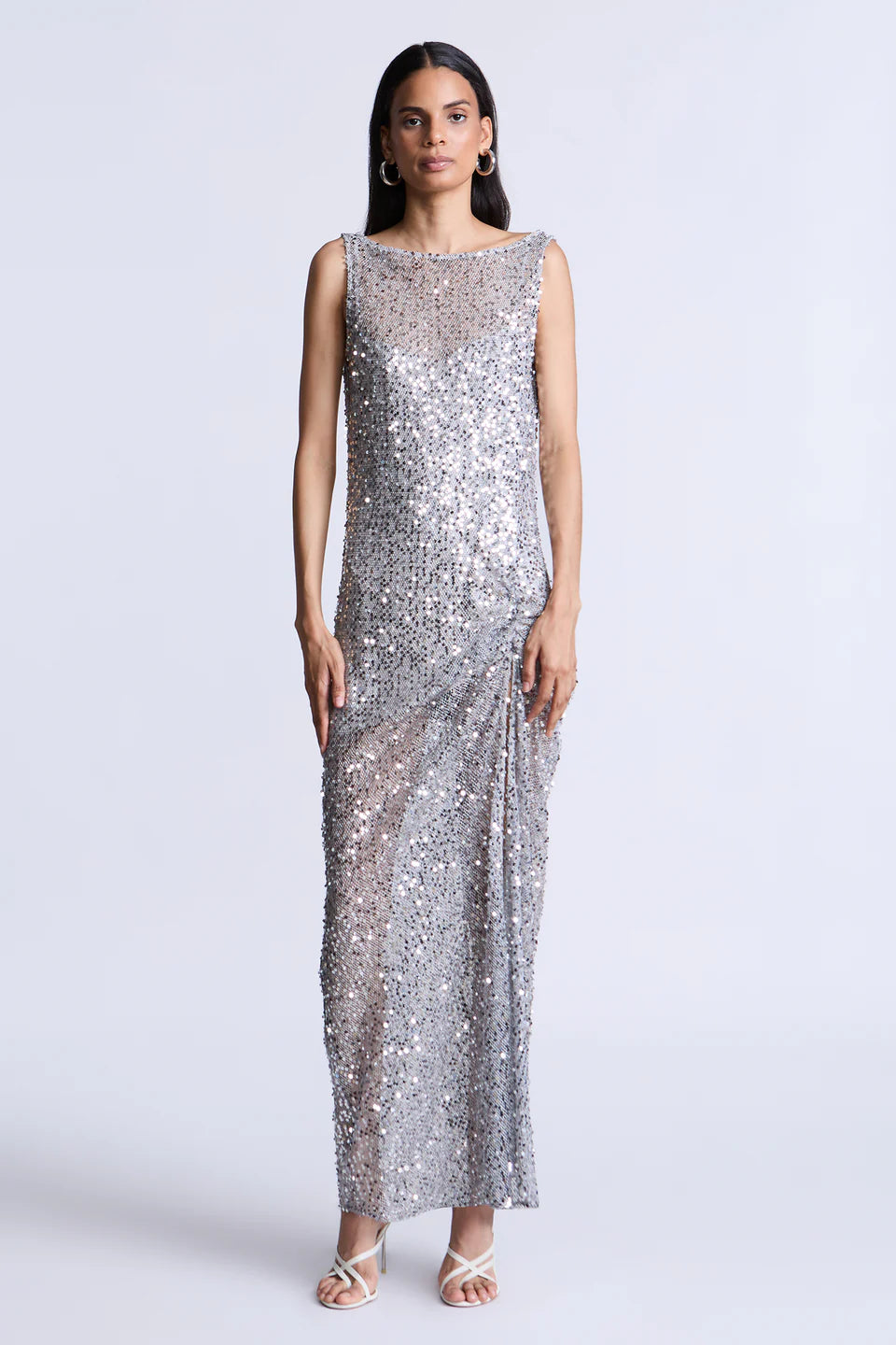 Dazzling Silver Sequin Mesh Fitted Sleeveless Boat Neck Floor-Length Evening Dresses
