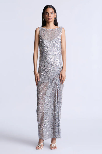 Dazzling Silver Sequin Mesh Fitted Sleeveless Boat Neck Floor-Length Evening Dresses