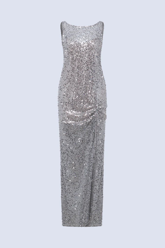 Dazzling Silver Sequin Mesh Fitted Sleeveless Boat Neck Floor-Length Evening Dresses