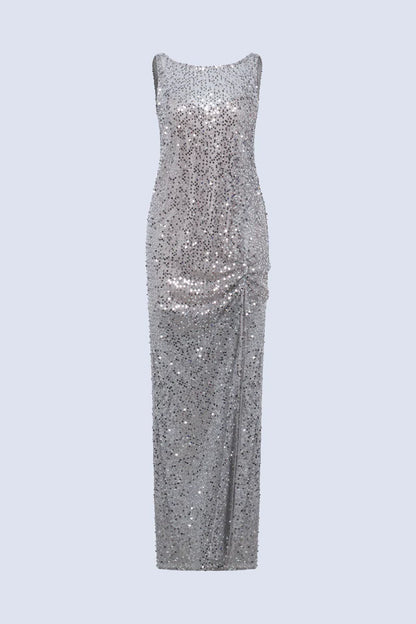 Dazzling Silver Sequin Mesh Fitted Sleeveless Boat Neck Floor-Length Evening Dresses