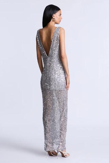 Dazzling Silver Sequin Mesh Fitted Sleeveless Boat Neck Floor-Length Evening Dresses