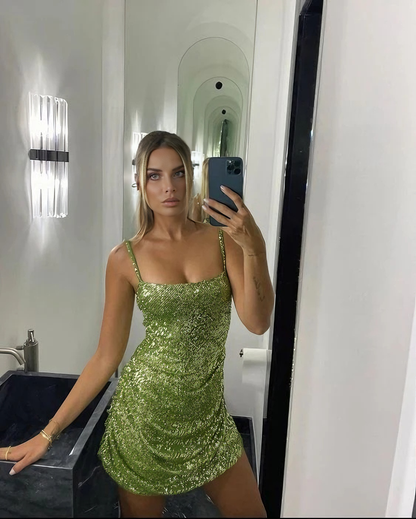 Dazzling Sequin Bodycon Square Neck Spaghetti Strap Sleeveless Mini Homecoming Dresses with Ruched Detail