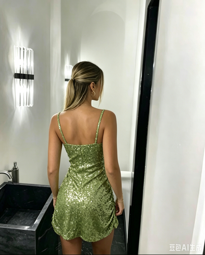 Dazzling Sequin Bodycon Square Neck Spaghetti Strap Sleeveless Mini Homecoming Dresses with Ruched Detail
