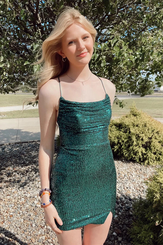 Dazzling Sequin Sheath Cowl Neck Spaghetti Strap Lace-Up Back Mini Homecoming Dresses