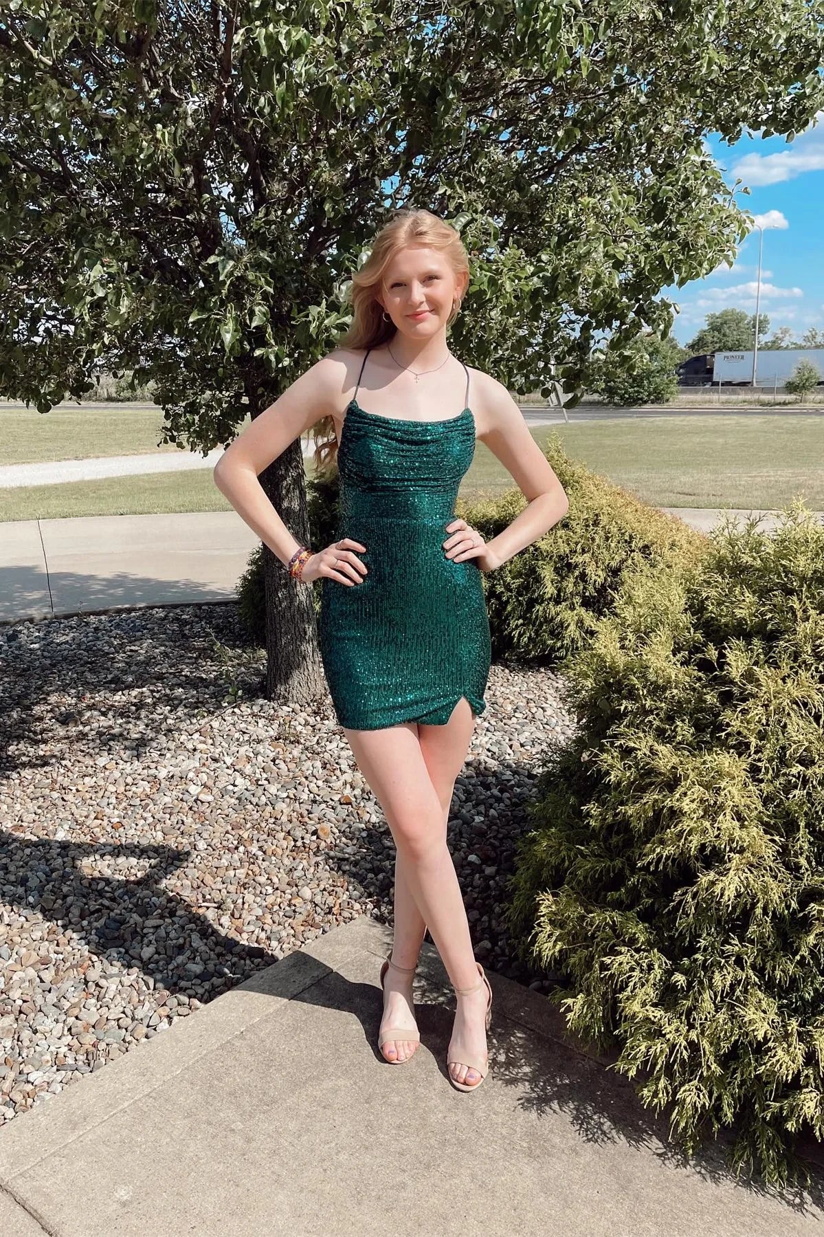 Dazzling Sequin Sheath Cowl Neck Spaghetti Strap Lace-Up Back Mini Homecoming Dresses