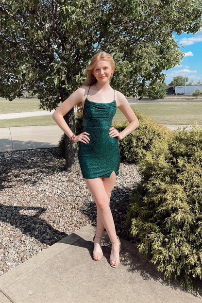 Dazzling Sequin Sheath Cowl Neck Spaghetti Strap Lace-Up Back Mini Homecoming Dresses