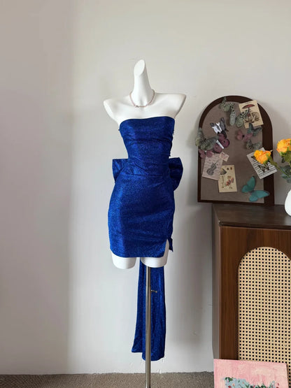Dazzling Sequin Sheath Strapless Sleeveless Bow Back with Train Mini Homecoming Dresses