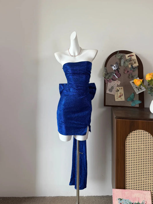 Dazzling Sequin Sheath Strapless Sleeveless Bow Back with Train Mini Homecoming Dresses