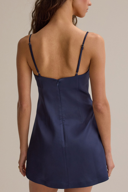 Deep Navy Gloss Satin Bow Spaghetti Strap Straight Tube Neck Slim Mini Homecoming Dresses