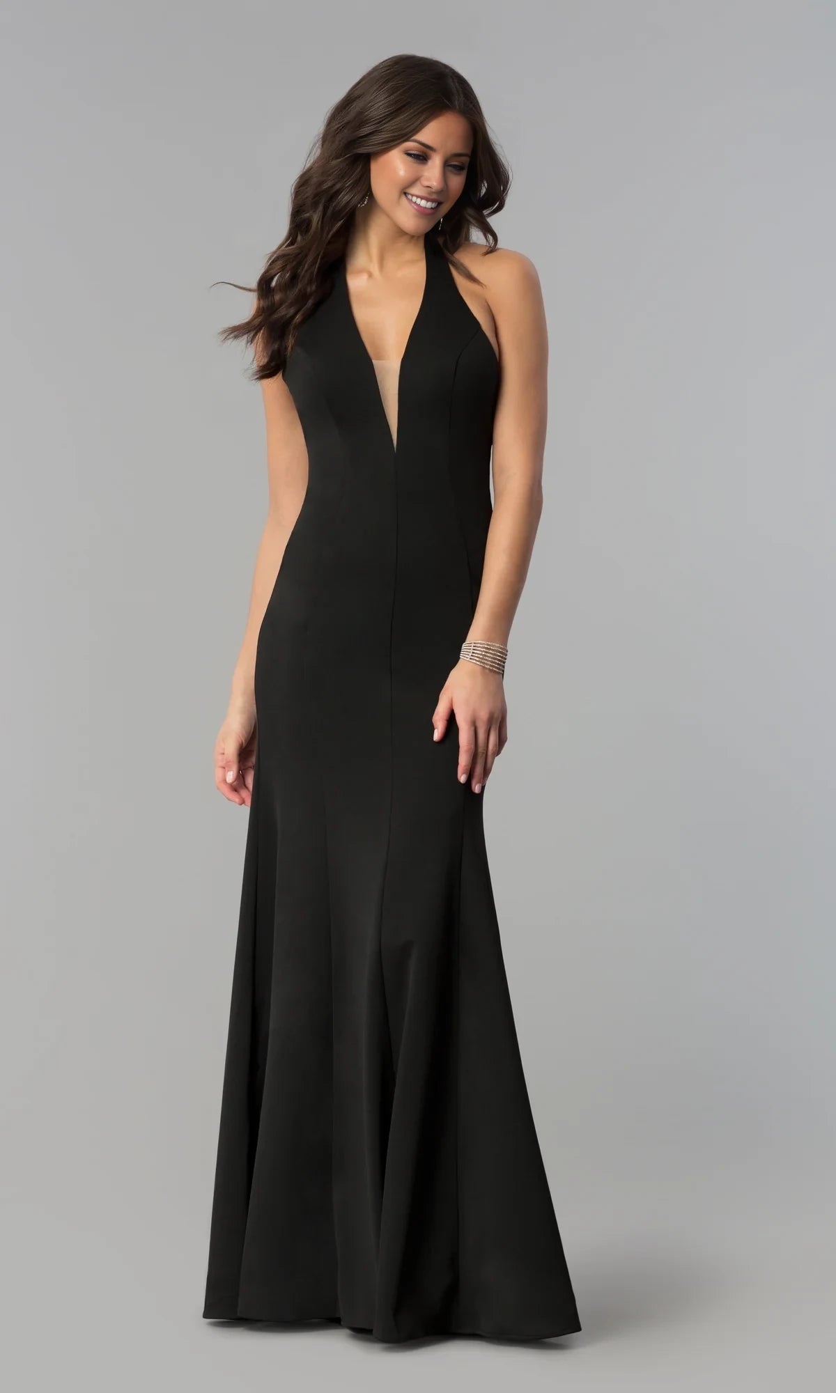 Deep V-neck hanging neck off shoulder sleeveless backless and floor length evening dress