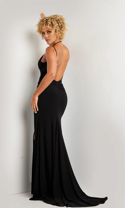 Deep V-neck sleeveless thin shoulder strap backless side slit and floor length evening dress