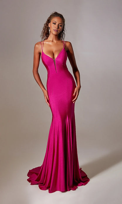 Deep V-neck slim shoulder strap backless mermaid and floor length evening dress
