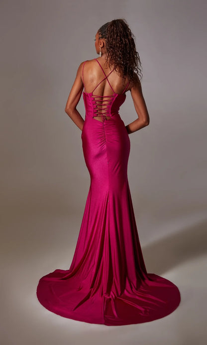 Deep V-neck slim shoulder strap backless mermaid and floor length evening dress