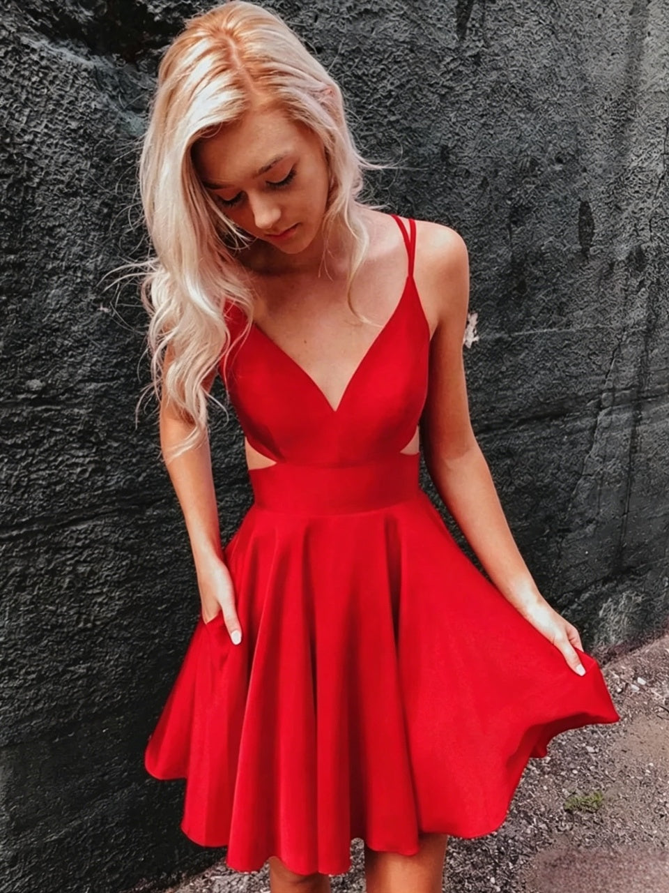 Deep V Double Spaghetti Strap Waist Cutout Open Back Satin Skater Mini Homecoming Dresses