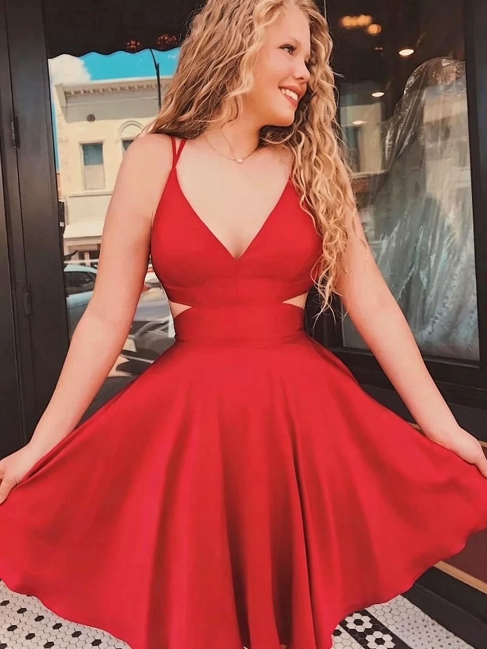 Deep V Double Spaghetti Strap Waist Cutout Open Back Satin Skater Mini Homecoming Dresses