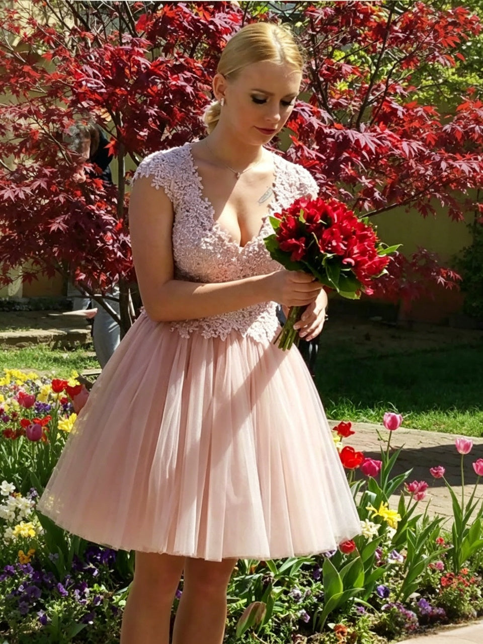 Delicate Blush Lace A-line Deep V Cap Sleeve SheerBack Mini Homecoming Dresses