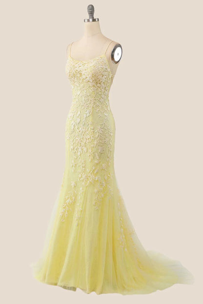 Delicate Lace Mermaid Scoop Neck Spaghetti Strap Crisscross Back Floor Length Evening Dress