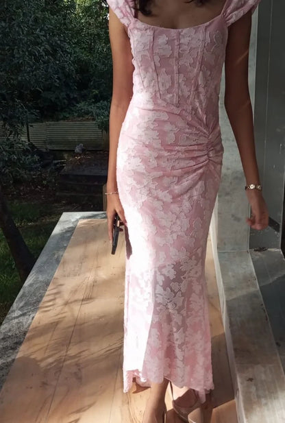 Delicate Lace Mermaid With Sleeves Off-Shoulder Sweetheart Ruched Back High-Low Hem Prom Dresses