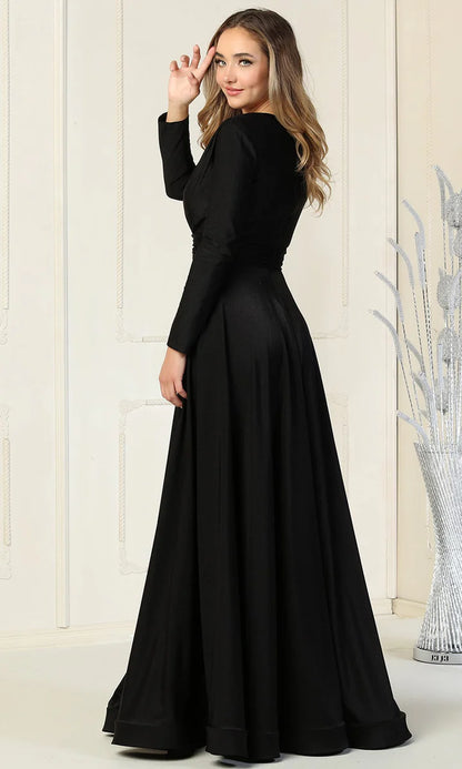 Dramatic A-Line V-Neck Long Sleeve Closed Back Floor-Length Mother of the Bride Dresses