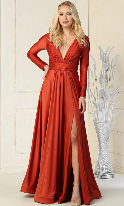 Dramatic A-Line V-Neck Long Sleeve Closed Back Floor-Length Mother of the Bride Dresses