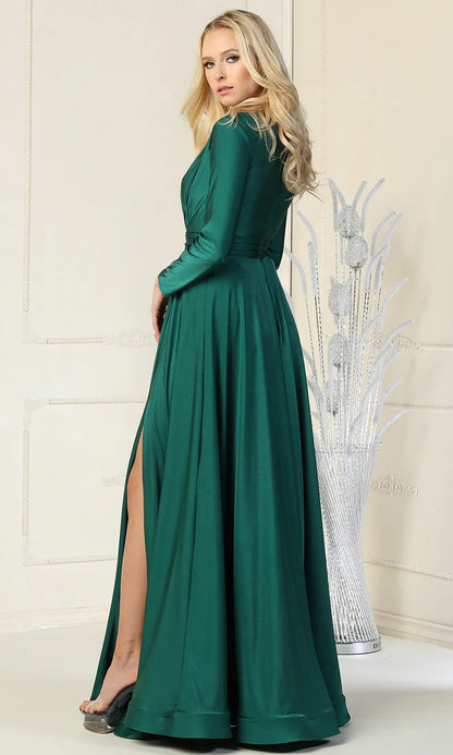 Dramatic A-Line V-Neck Long Sleeve Closed Back Floor-Length Mother of the Bride Dresses
