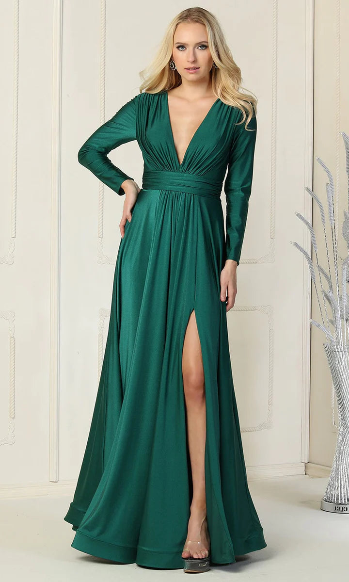 Dramatic A-Line V-Neck Long Sleeve Closed Back Floor-Length Mother of the Bride Dresses