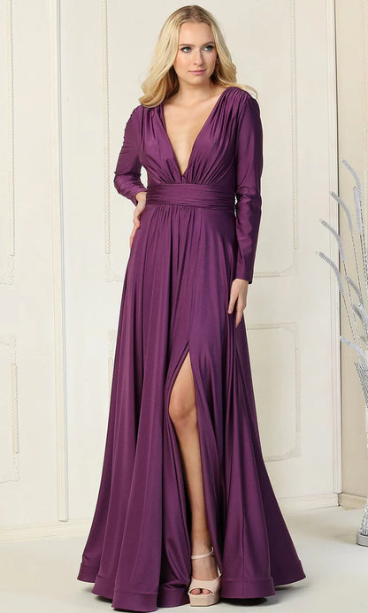 Dramatic A-Line V-Neck Long Sleeve Closed Back Floor-Length Mother of the Bride Dresses