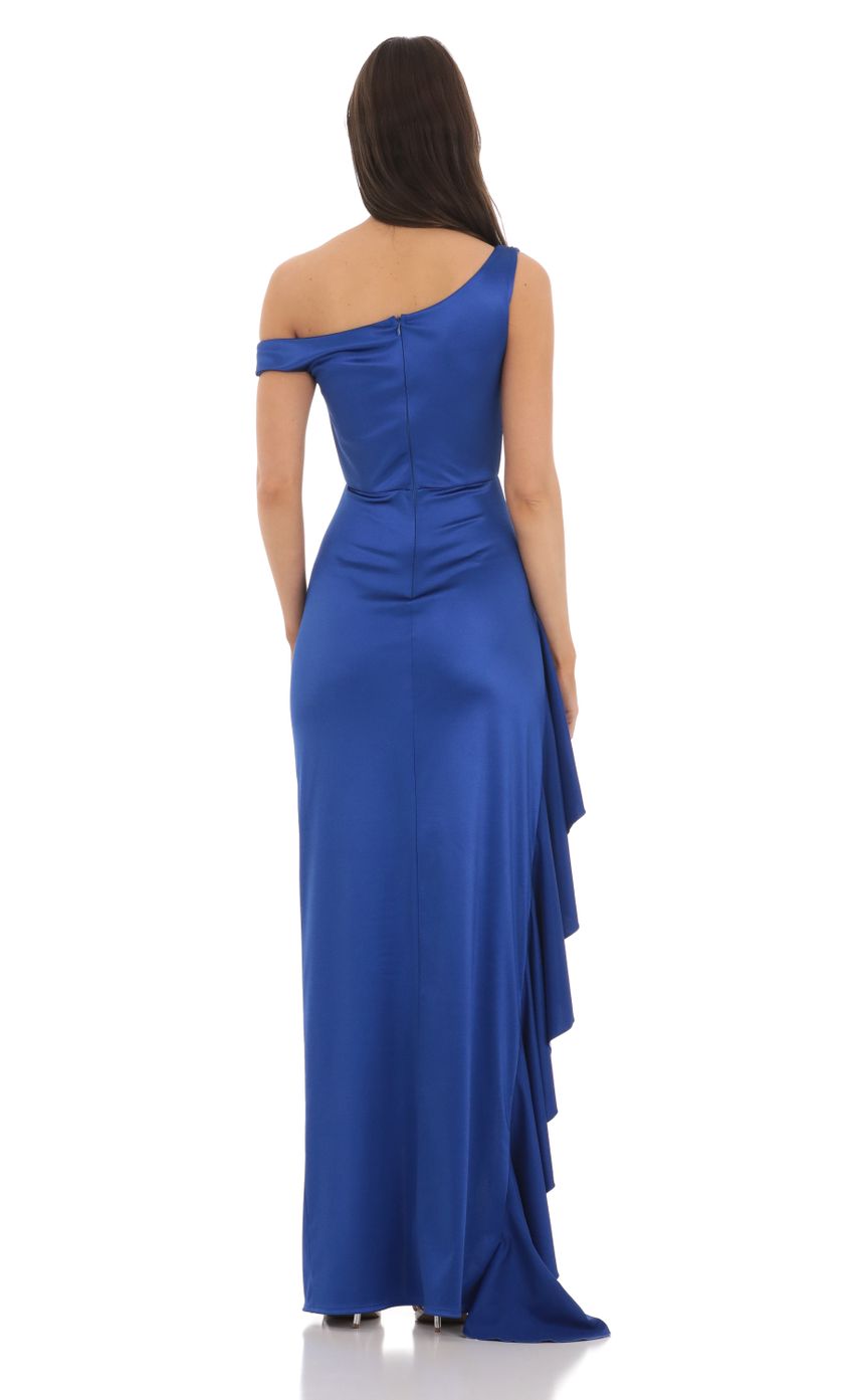 Dramatic Royal Blue Satin Evening Dress with One-Shoulder Neckline, Ruched Bodice & Ruffled High Slit