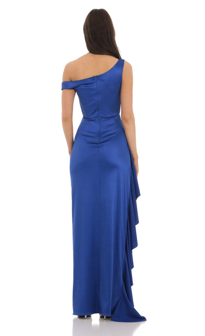 Dramatic Royal Blue Satin Evening Dress with One-Shoulder Neckline, Ruched Bodice & Ruffled High Slit