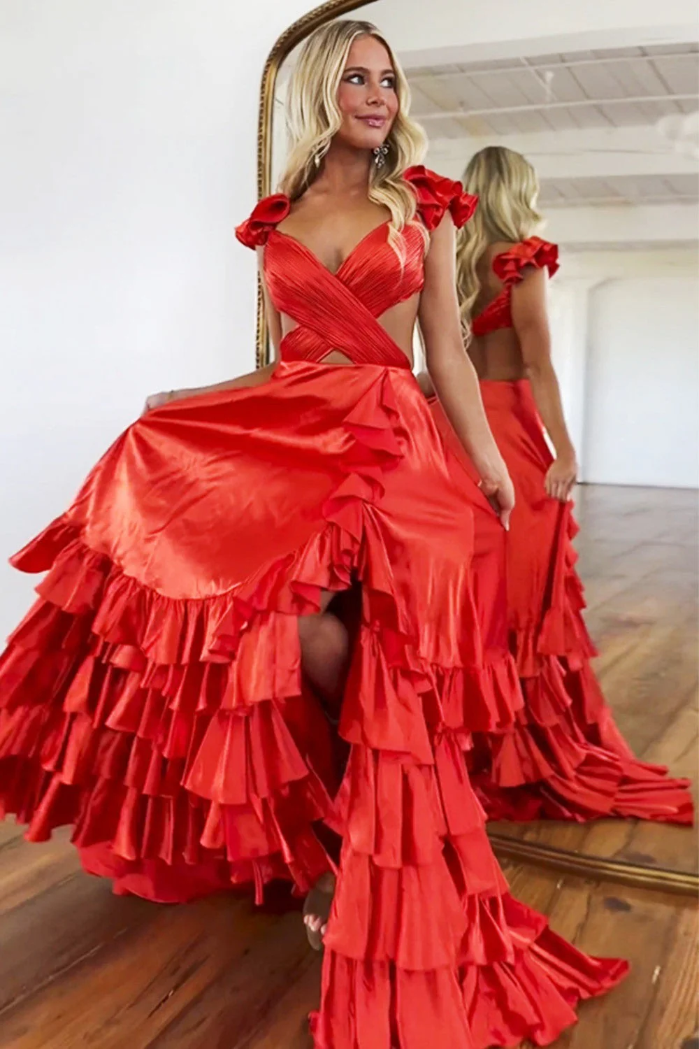 Dramatic Ruffle Shoulder V-Neck Crisscross Cutout Tiered Ruffle Satin High Slit Train Prom Dress