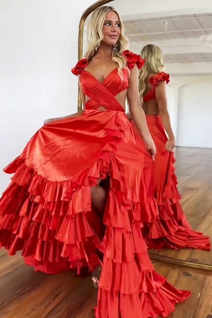 Dramatic Ruffle Shoulder V-Neck Crisscross Cutout Tiered Ruffle Satin High Slit Train Prom Dress